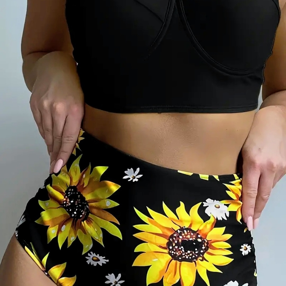 Black and Yellow Sunflower Print Bikini